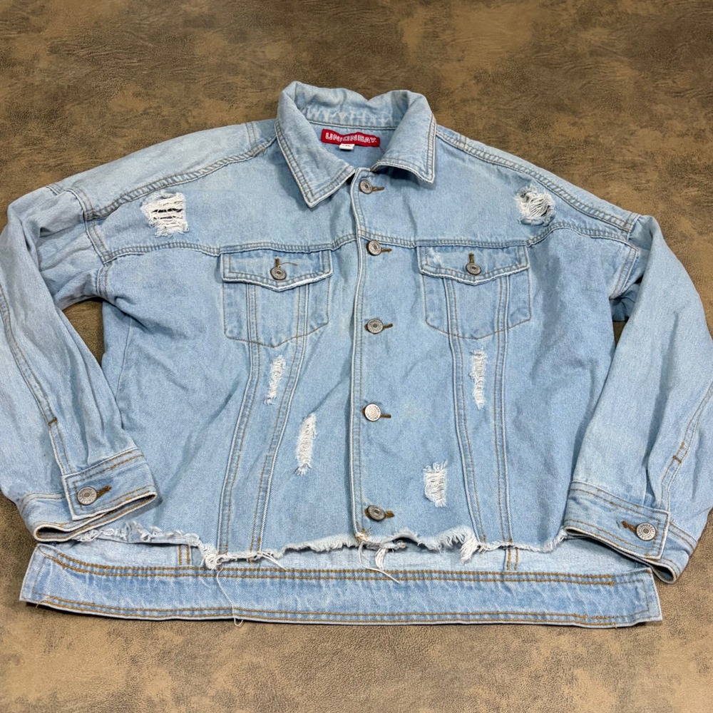 Unionbay Denim Jean Jacket Womens M Blue Distressed Frayed Hem JB71084